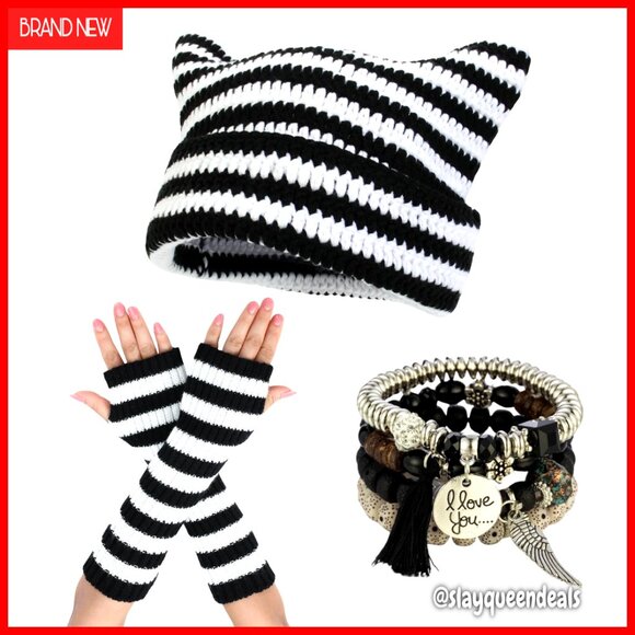 Cat Ear Hat Fingerless Gloves Stackable Bracelets Grunge Emo Set main image 7